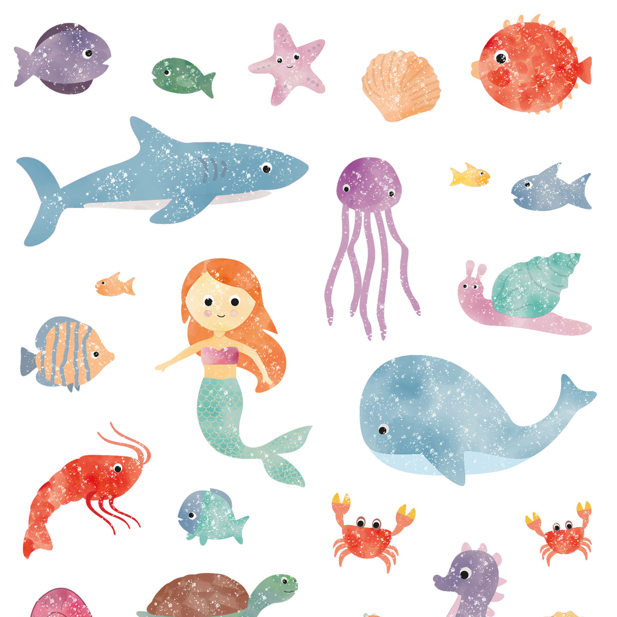 Kindertattoos mit Glitzer im Unterwasserwelt-Design – bunte Meerestiere wie Seepferdchen, Fische und Muscheln im liebevoll illustrierten Stil von by Clou