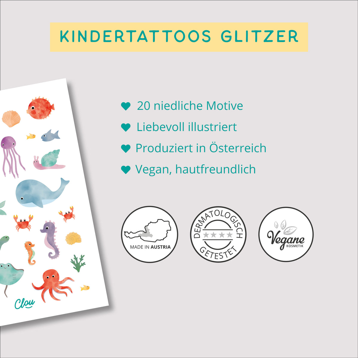 Kindertattoos mit Glitzer im Unterwasserwelt-Design – bunte Meerestiere wie Seepferdchen, Fische und Muscheln im liebevoll illustrierten Stil von by Clou