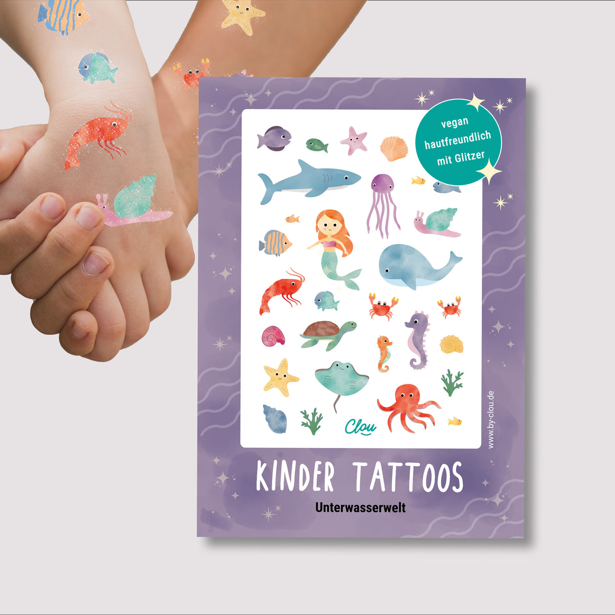 Kindertattoos mit Glitzer im Unterwasserwelt-Design – bunte Meerestiere wie Seepferdchen, Fische und Muscheln im liebevoll illustrierten Stil von by Clou