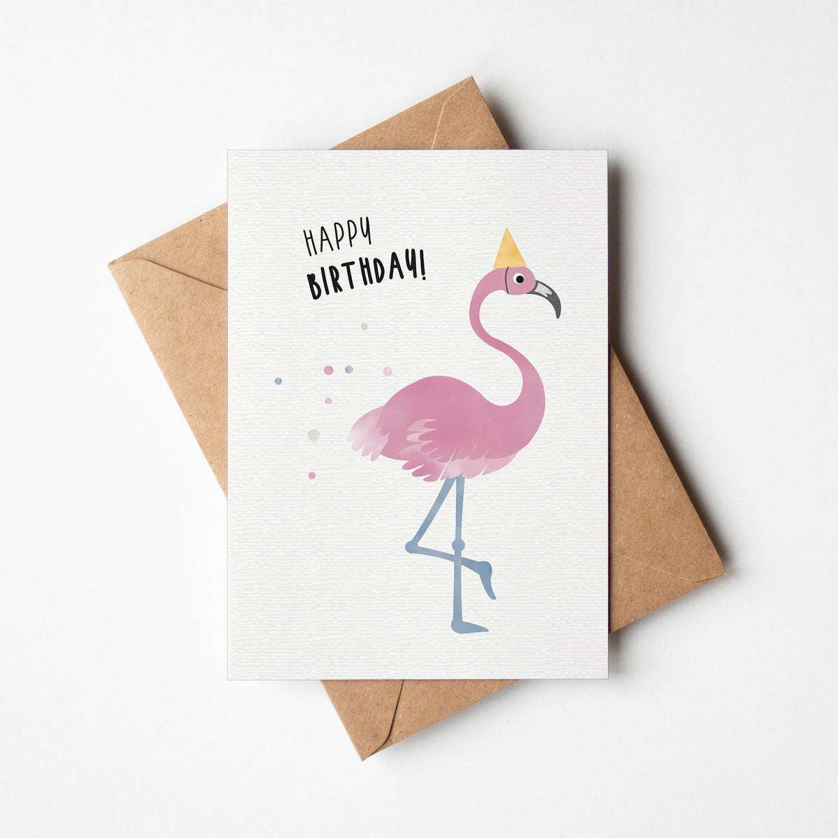 Postkarte mit Flamingo und dem Schriftzug „Happy Birthday“ im fröhlichen Design, ideal als Geburtstagskarte.