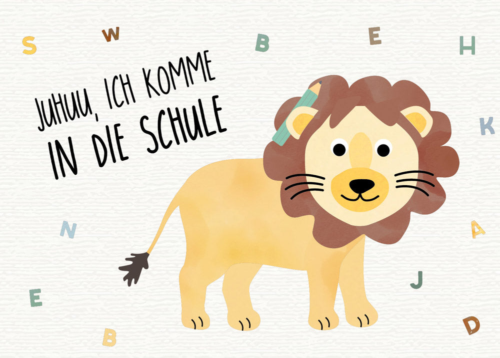 Grußkarte Löwe Juhuu, ich komme in die Schule illustriert byClou