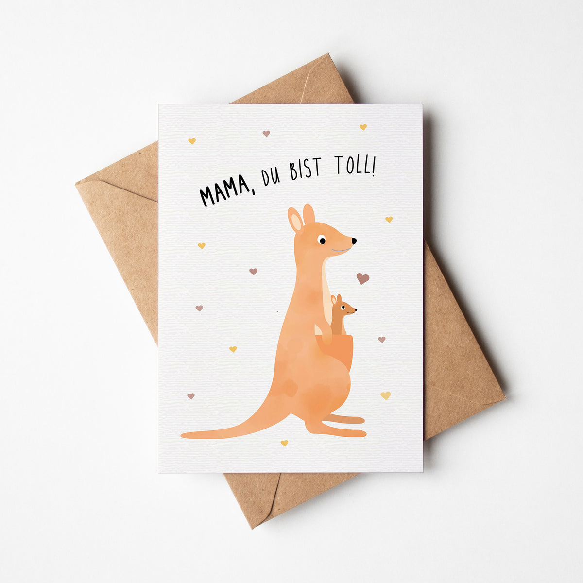 Postkarte mit Känguru-Mama und Baby im Beutel sowie dem Schriftzug „Mama, Du bist toll“, liebevolles Design ideal als Grußkarte oder kleines Geschenk.