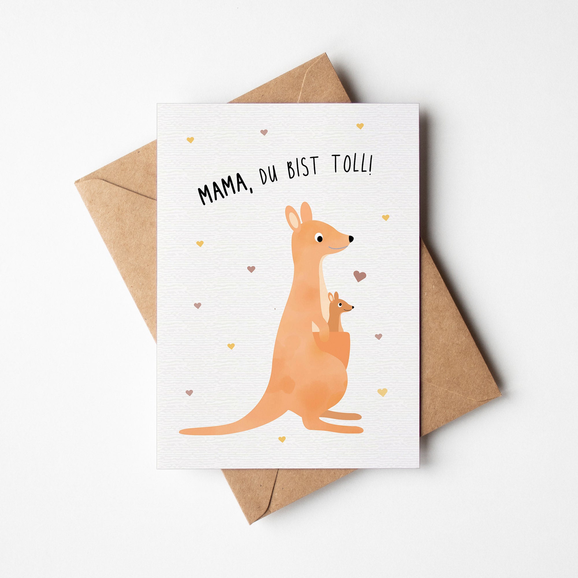 Postkarte mit Känguru-Mama und Baby im Beutel sowie dem Schriftzug „Mama, Du bist toll“, liebevolles Design ideal als Grußkarte oder kleines Geschenk.