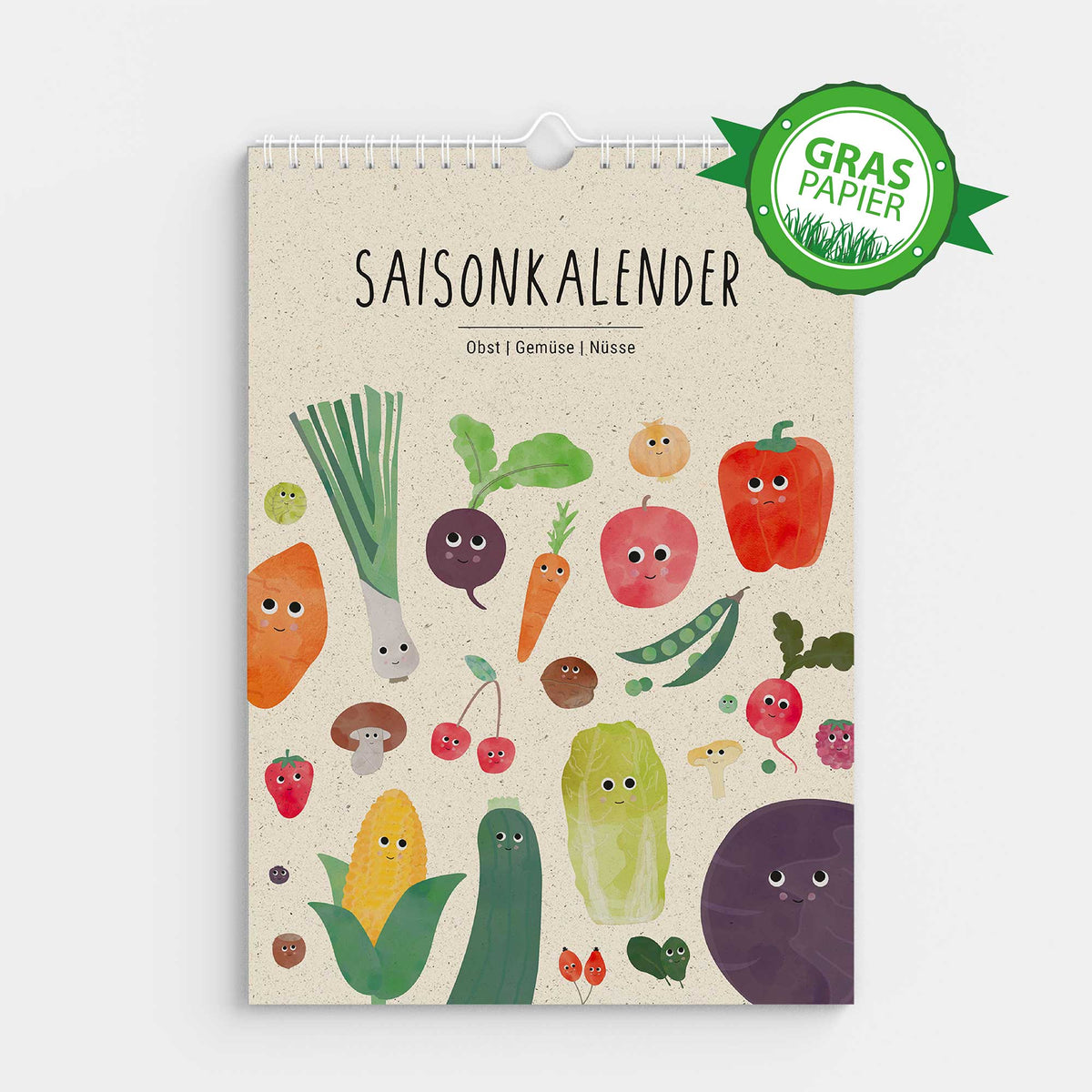Wandkalender mit Illustrationen von Obst und Gemüse der jeweiligen Saison auf hellem Hintergrund
