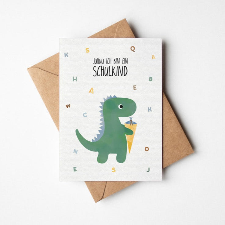 Grußkarte Dino Juhuu ich bin ein Schulkind illustriert byClou