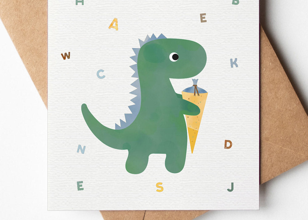 Grußkarte Dino Juhuu ich bin ein Schulkind illustriert byClou