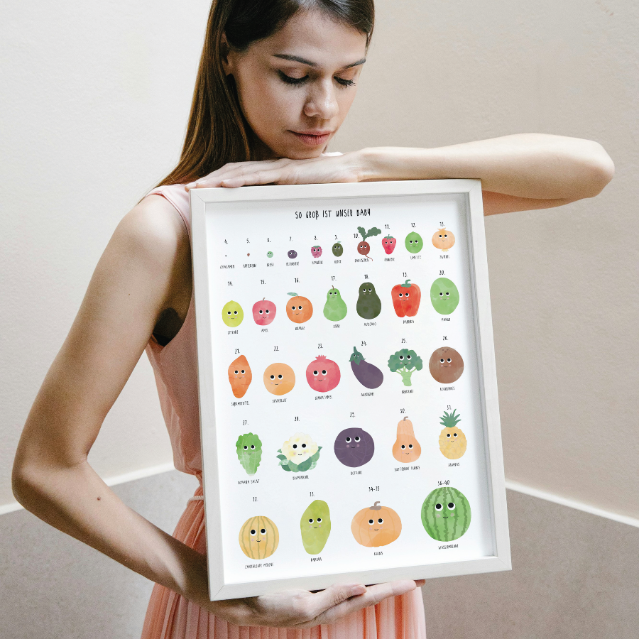 Schwangerschaftsposter Babygröße Obst & Gemüse Vergleich SSW Illustration