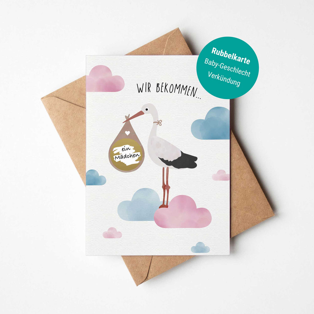 Rubbelkarte mit der Illustration eines fliegenden Storches und dem Text „Es wird ein ...“ auf hellem Hintergrund