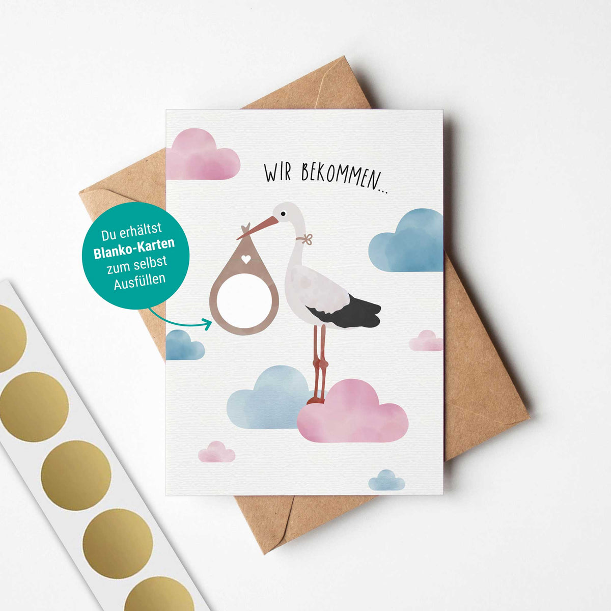 Rubbelkarte mit der Illustration eines fliegenden Storches und dem Text „Es wird ein ...“ auf hellem Hintergrund