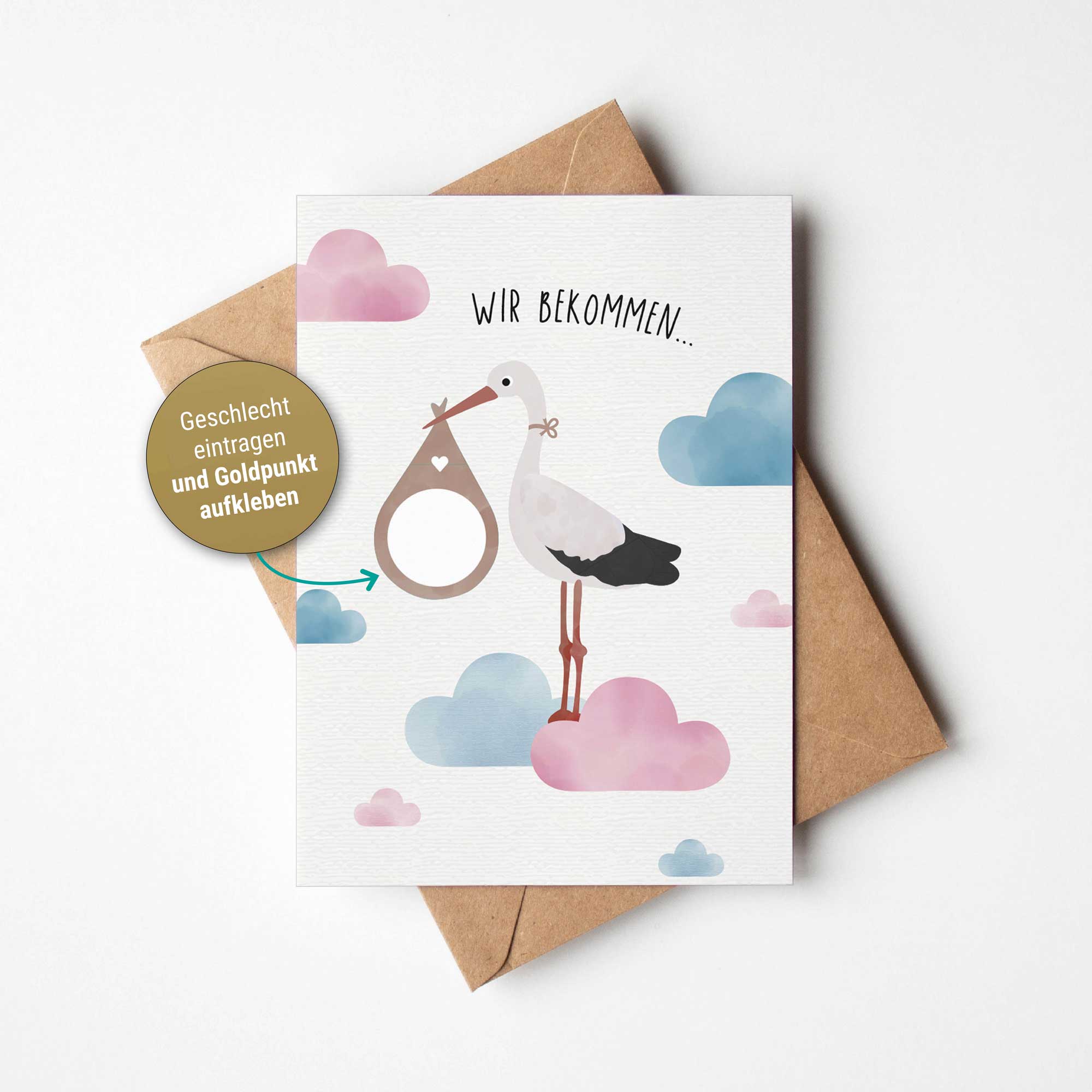 Rubbelkarte mit der Illustration eines fliegenden Storches und dem Text „Es wird ein ...“ auf hellem Hintergrund