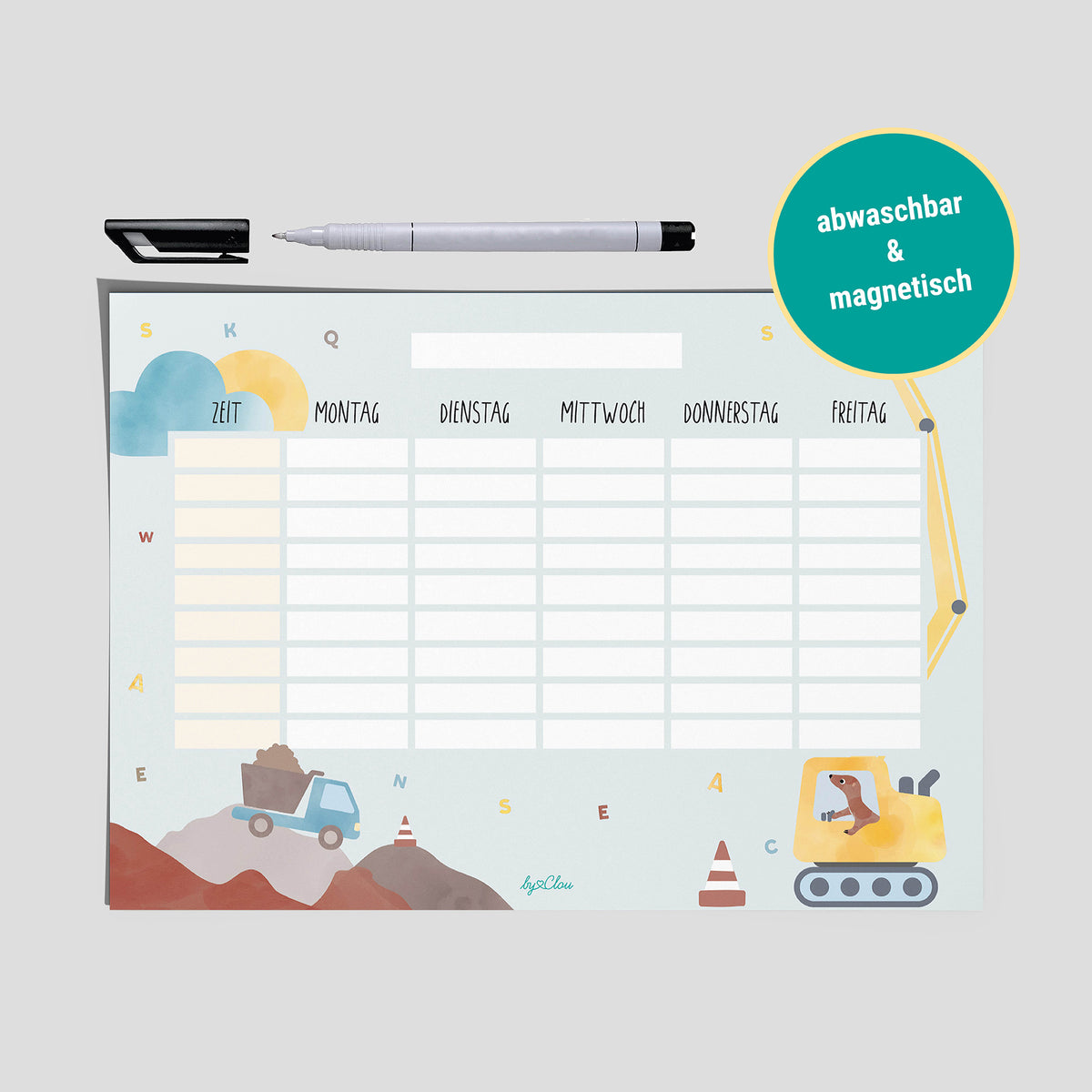 Stundenplan Bagger magnetisch abwischbar Kinder byClou