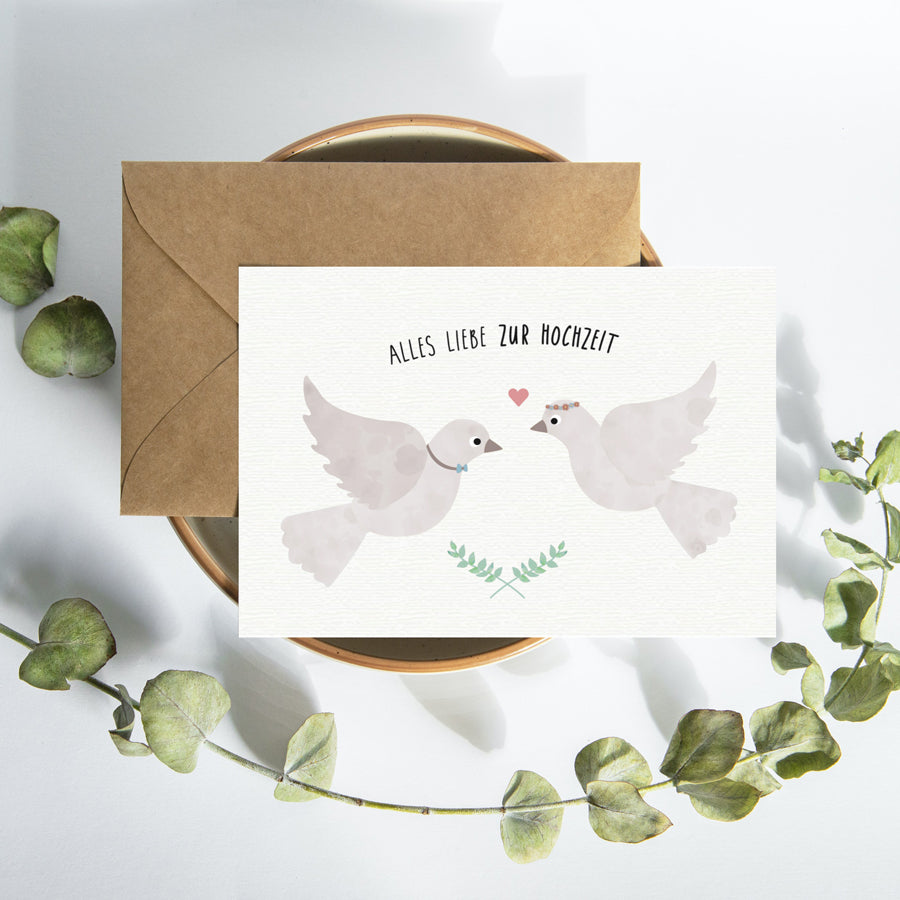 Postkarte mit zwei Tauben und dem Schriftzug „Alles Liebe zur Hochzeit“ im zarten Design, ideal als Hochzeitskarte oder Glückwunschkarte.