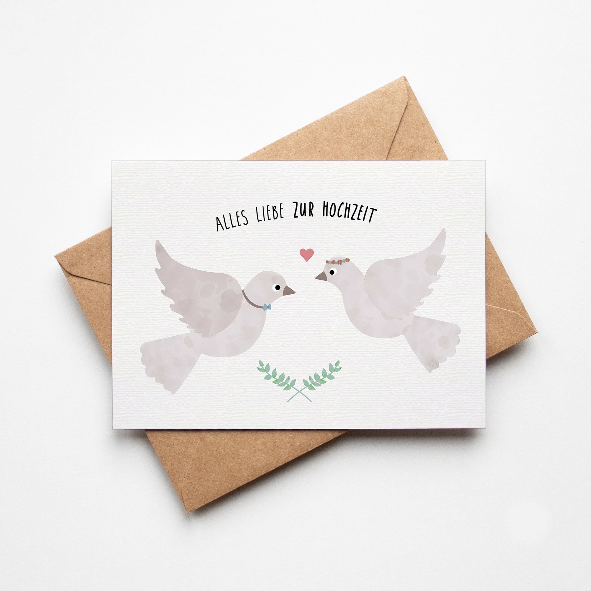 Postkarte mit zwei Tauben und dem Schriftzug „Alles Liebe zur Hochzeit“ im zarten Design, ideal als Hochzeitskarte oder Glückwunschkarte.