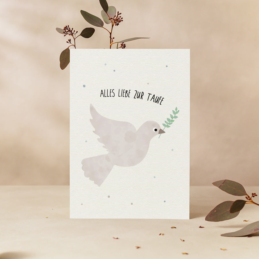 Postkarte mit einer Taube und dem Schriftzug „Alles Liebe zur Taufe“ im schlichten Design, ideal als Taufkarte