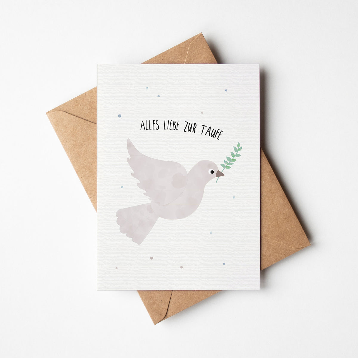 Postkarte mit einer Taube und dem Schriftzug „Alles Liebe zur Taufe“ im schlichten Design, ideal als Taufkarte