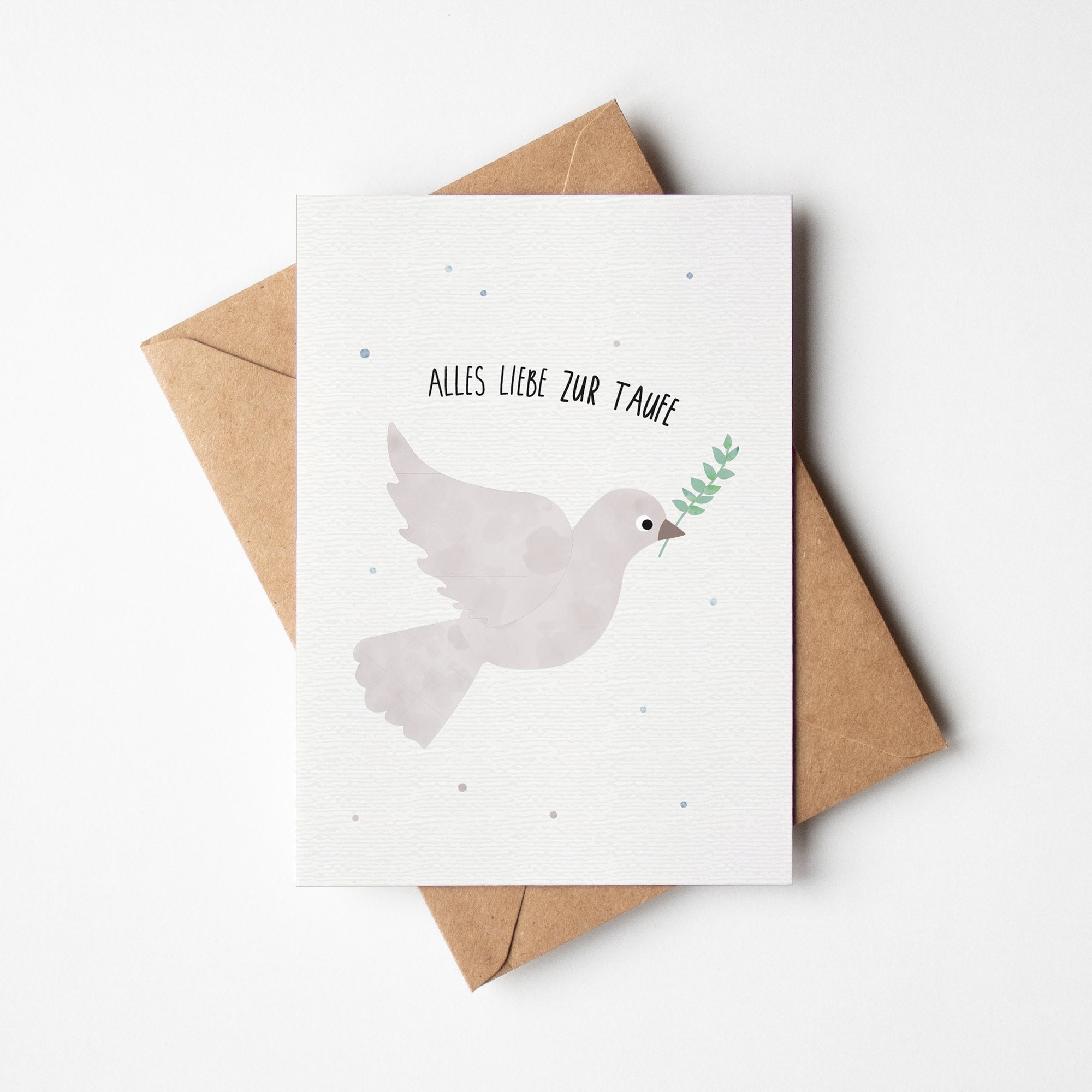 Postkarte mit einer Taube und dem Schriftzug „Alles Liebe zur Taufe“ im schlichten Design, ideal als Taufkarte
