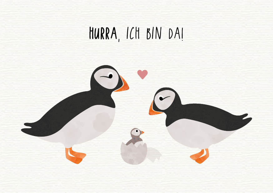 Grußkarte Hurra, ich bin da Papageientaucher illustriert byClou