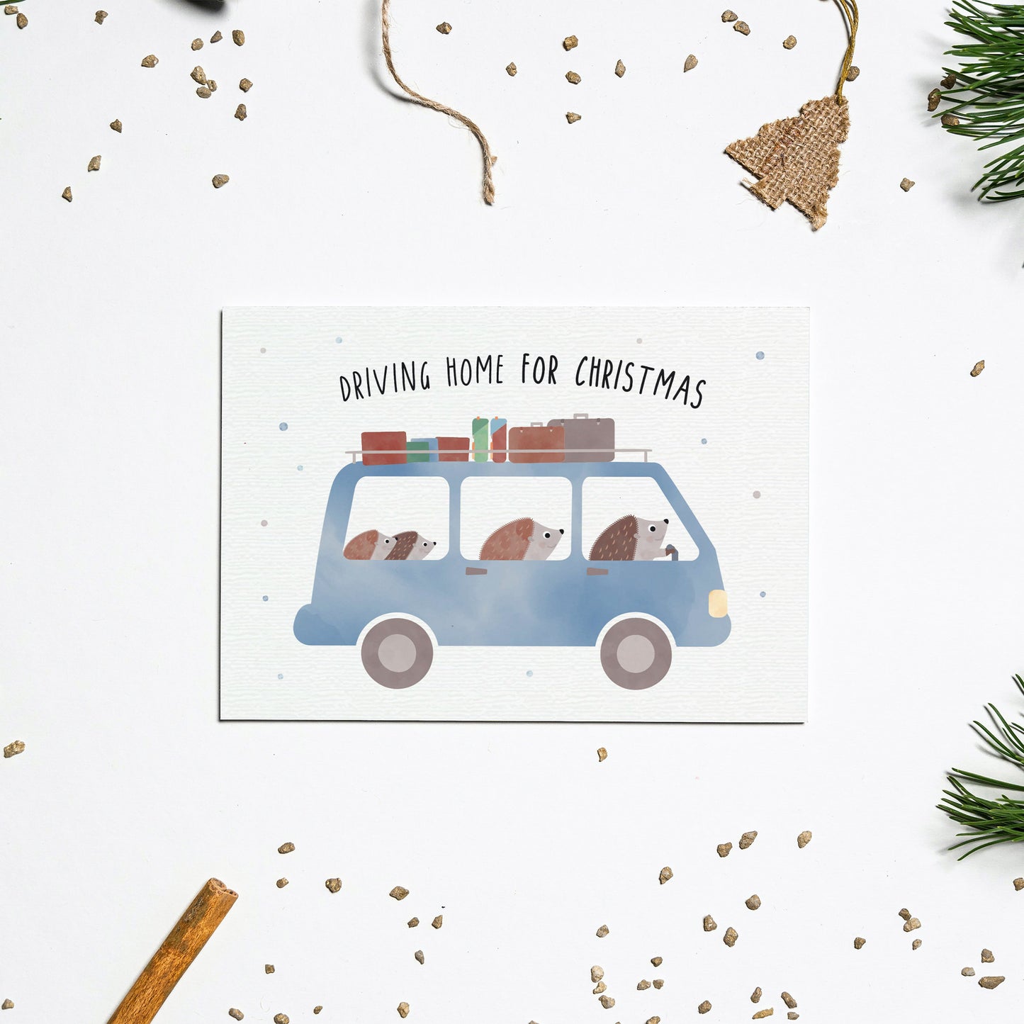 Postkarte - Igel-Familie "Driving home for Christmas"