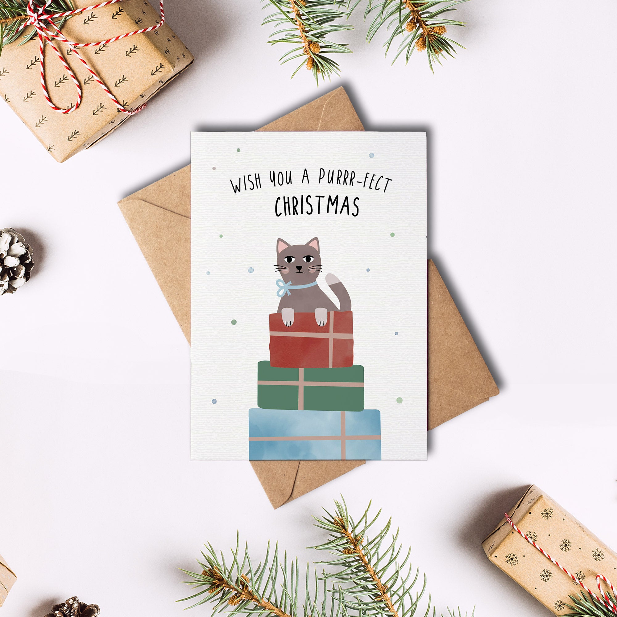 Postkarte mit Katze und Weihnachtsmütze sowie dem Schriftzug „Purrrfect Christmas“ im niedlichen Design, ideal als Weihnachtskarte oder kleiner Gruß.