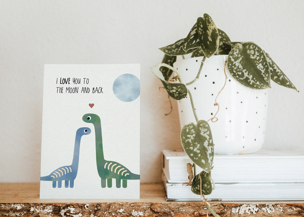 Grußkarte Dino I love you to the moon illustriert byClou
