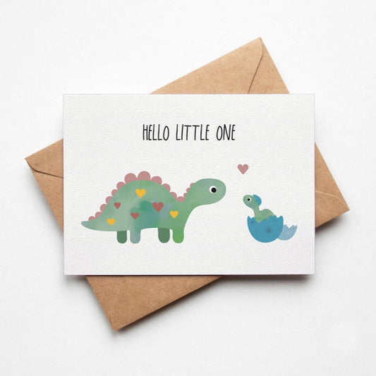 Postkarte mit Dinosaurier Mama und Dino Baby das gerade aus einem Ei schluepft