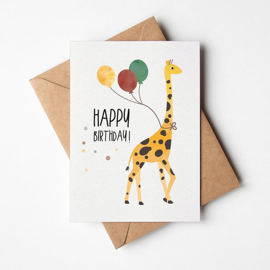 Postkarte mit Giraffe und Luftballons um den Hals
