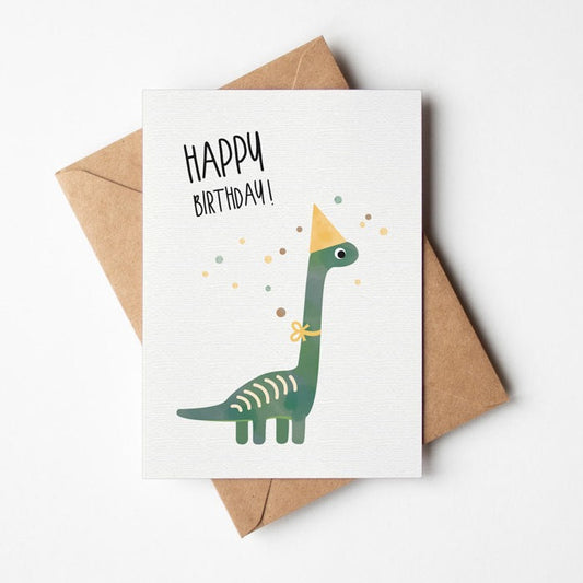 Postkarte mit niedlichem Dinosaurier der einen Partyhut trägt