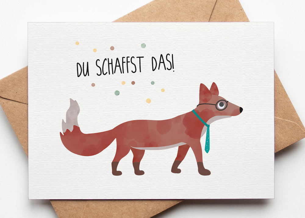 Grußkarte schlauer Fuchs du schaffst das illustriert byClou