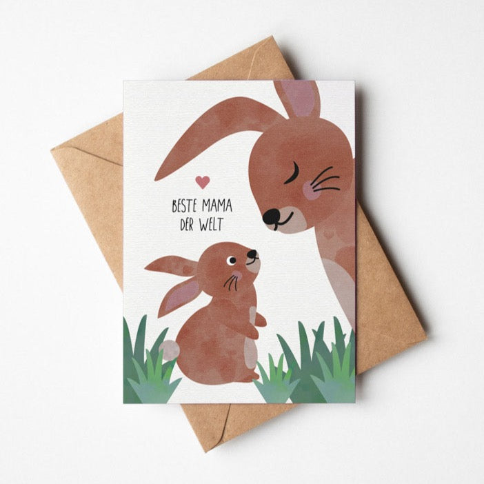 Postkarte mit Baby und Mama Hase