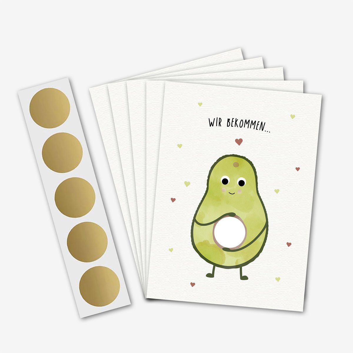 Illustration einer Rubbelkarte mit einer Avocado, die das Babygeschlecht verkündet, und dem Text „Es wird ein ...“ auf hellem Hintergrund