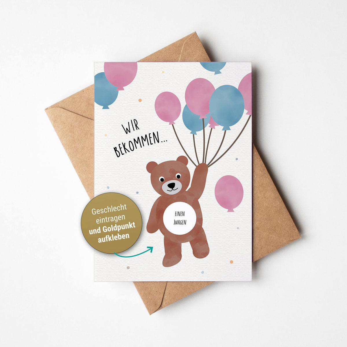 Rubbelkarte zur Verkündung des Babygeschlechts mit goldener Rubbelfläche auf rosa-blauem Hintergrund und der Aufschrift ‚Boy or Girl?‘ – liebevoll gestaltete Gender Reveal Karte