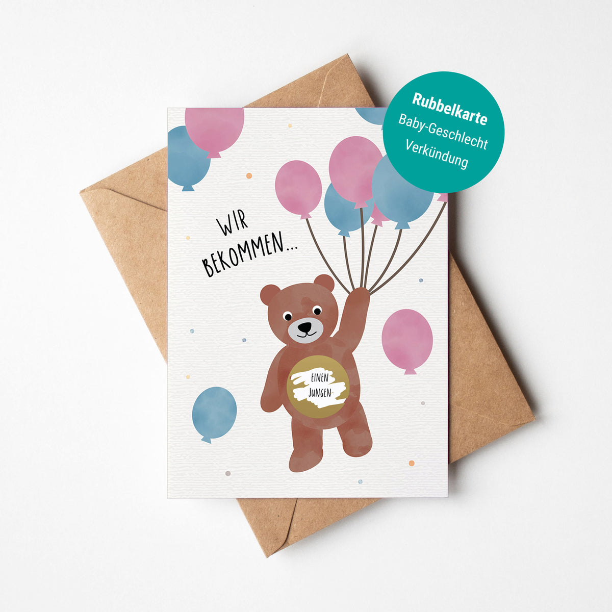 Rubbelkarte zur Verkündung des Babygeschlechts mit goldener Rubbelfläche auf rosa-blauem Hintergrund und der Aufschrift ‚Boy or Girl?‘ – liebevoll gestaltete Gender Reveal Karte