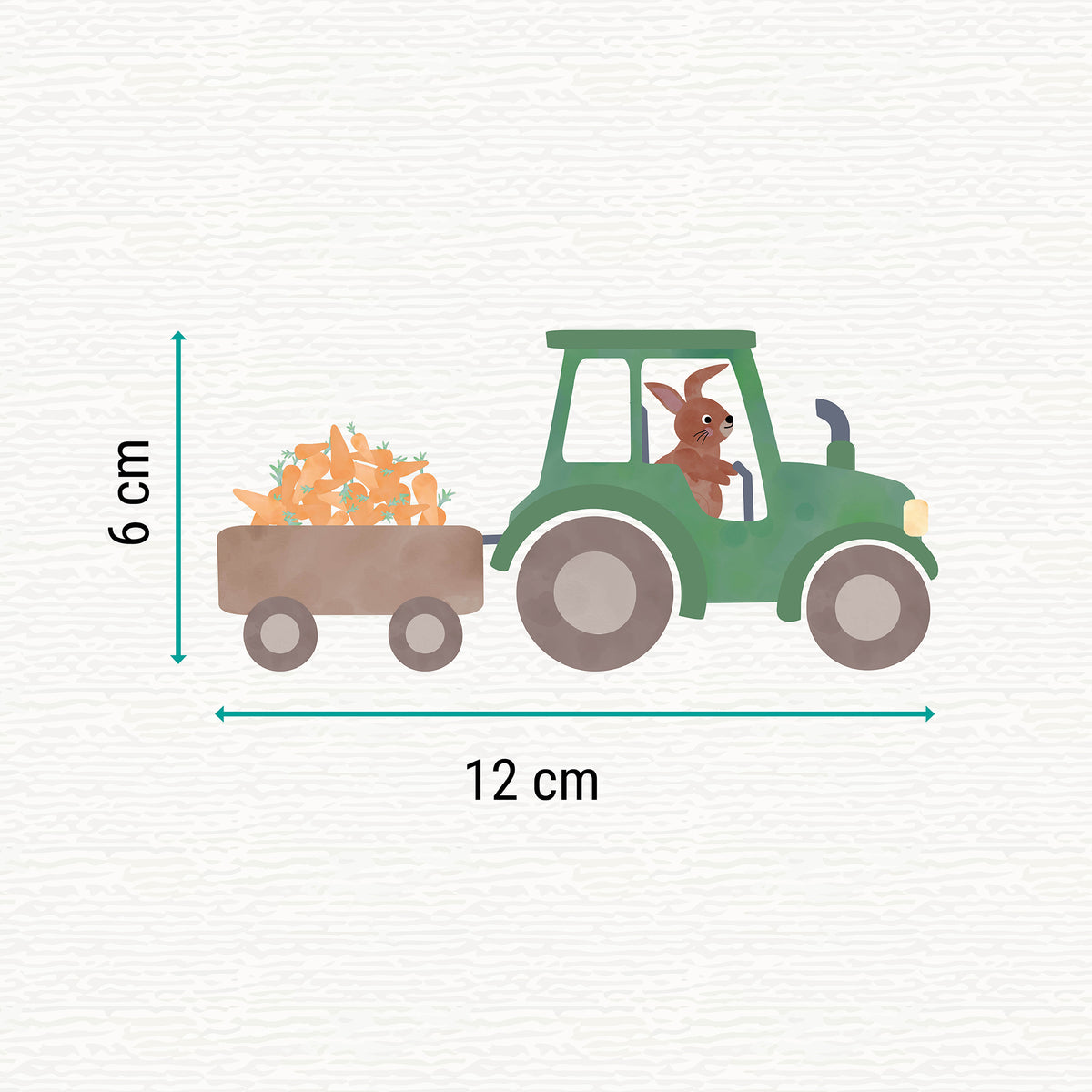 Bügelbild mit der Illustration eines grünen Traktors mit einem Hasen darin und einem Anhänger voller Karotten