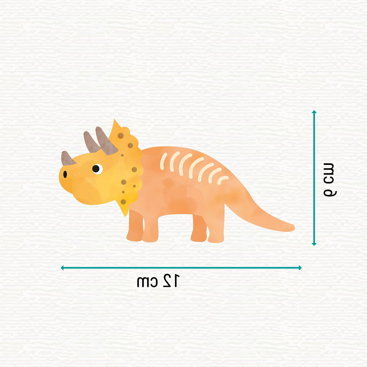 Bügelbild mit orange-gelben Triceratops im kindlichen Design, perfekt zum Aufbügeln auf Kinderkleidung und Accessoires.