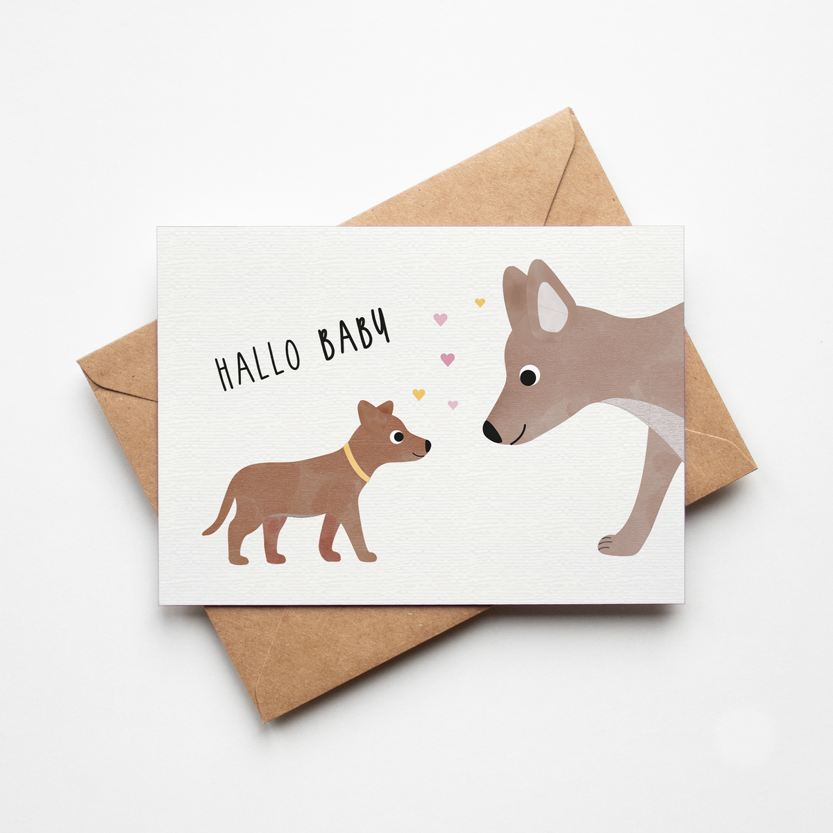 Postkarte mit niedlichem Hundewelpen und der Aufschrift ‚Hallo Baby‘ – liebevolle Willkommenskarte zur Geburt im tierischen Design von byClou