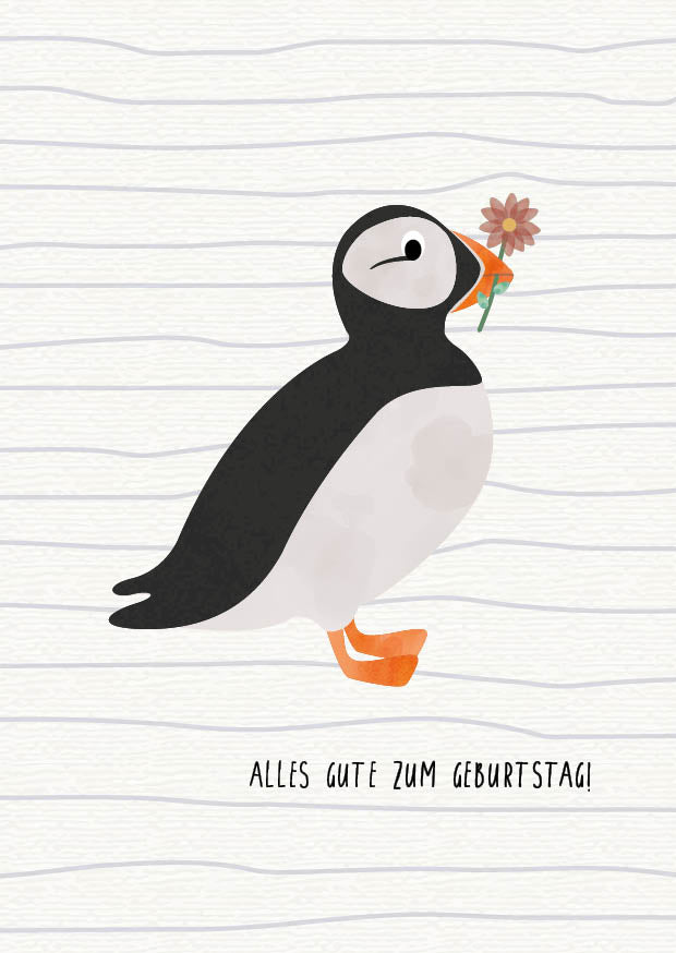 Grußkarte mit der Illustration eines Papageientauchers und dem Text „Happy Birthday“ auf hellem Hintergrund