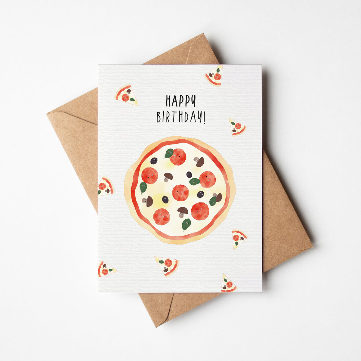Grußkarte mit der Illustration eines Stücks Pizza und dem Text „Happy Birthday“ auf hellem Hintergrund