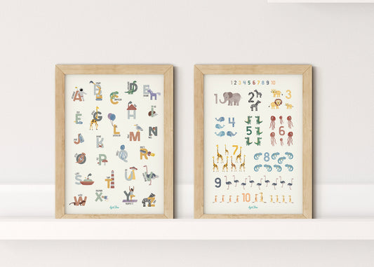 2er-Set Zahlenposter + ABC-Poster / Wilde Tiere & Gegenstände