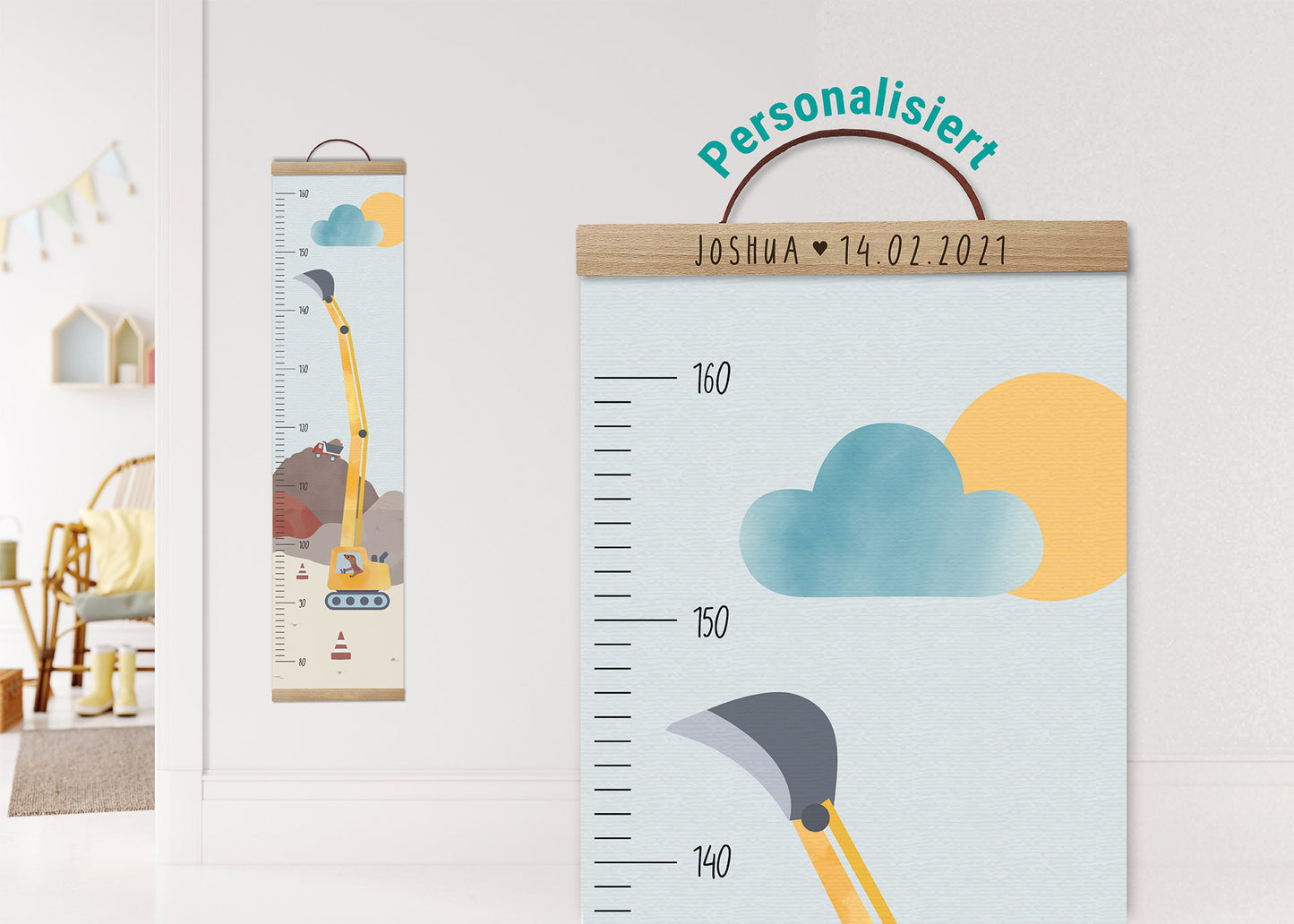 Personalisierte Messlatte für Kinder / Bagger, Baustelle