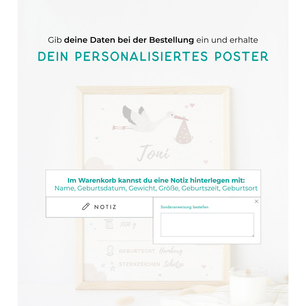 Geburtsposter personalisiert Storch Geburtsankündigung byClou