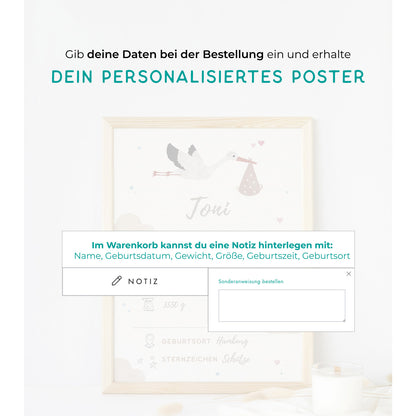 Geburtsposter personalisiert - Storch