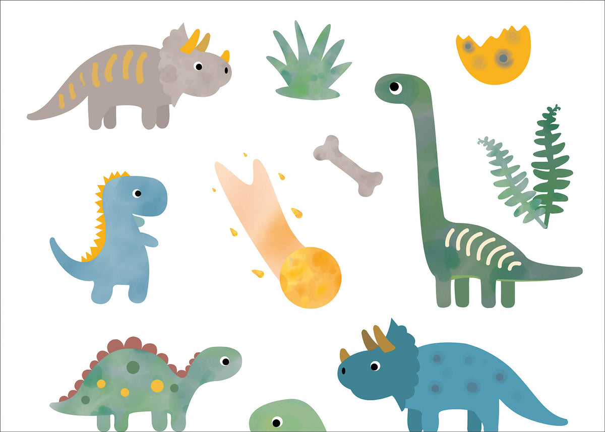 Bogen mit temporären Kindertattoos im Dinosaurier-Design – mit fröhlich illustrierten Dinos wie T-Rex, Triceratops und Stegosaurus. Ein Dino-Spaß für kleine Entdecker:innen