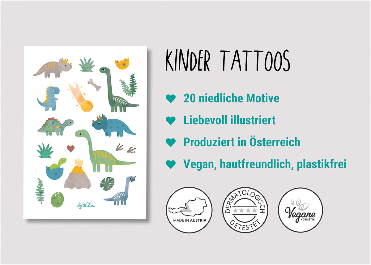 Bogen mit temporären Kindertattoos im Dinosaurier-Design – mit fröhlich illustrierten Dinos wie T-Rex, Triceratops und Stegosaurus. Ein Dino-Spaß für kleine Entdecker:innen