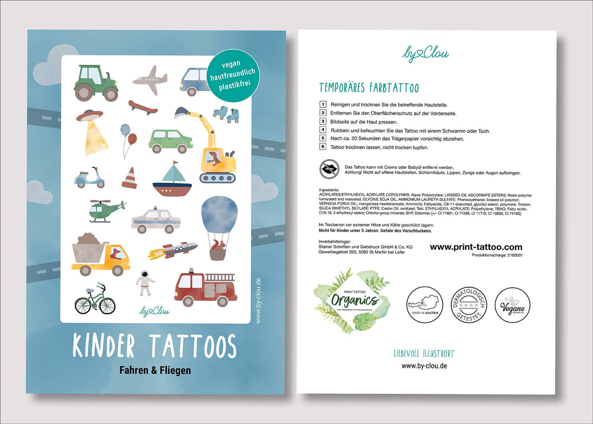 Bogen mit temporären Kindertattoos rund ums Thema Fahrzeuge – mit bunten Illustrationen von Flugzeug, Feuerwehr, Traktor, Auto, Bagger und Co. Ein Highlight für kleine Fahrzeug-Fans