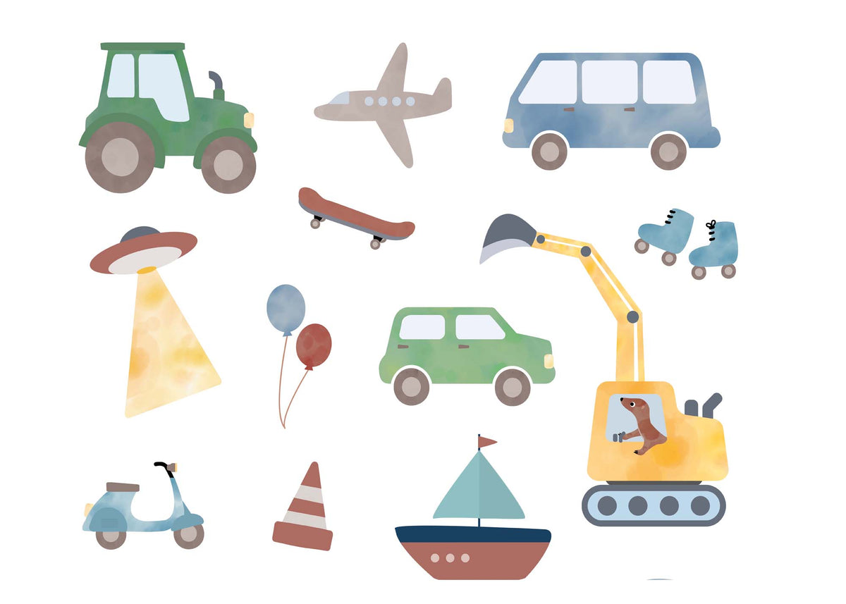 Bogen mit temporären Kindertattoos rund ums Thema Fahrzeuge – mit bunten Illustrationen von Flugzeug, Feuerwehr, Traktor, Auto, Bagger und Co. Ein Highlight für kleine Fahrzeug-Fans