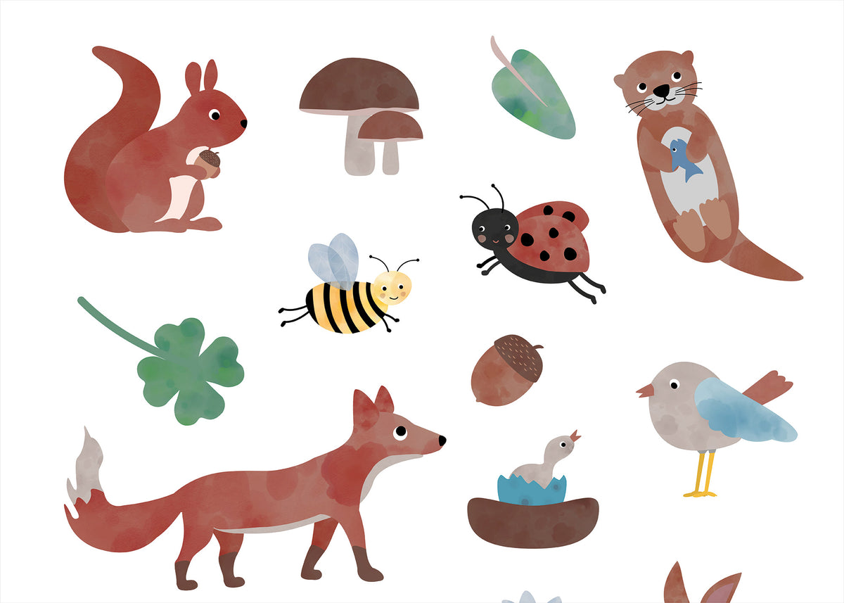 Bogen mit temporären Kindertattoos im Waldtiere-Design – mit liebevoll illustriertem Fuchs, Igel, Reh, Eichhörnchen und weiteren Waldbewohnern. Perfekt für Kindergeburtstage oder als kleines Mitbringsel.
