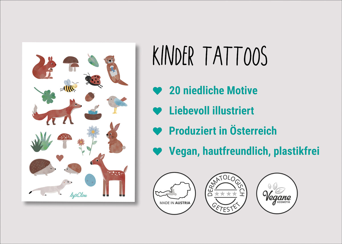 Bogen mit temporären Kindertattoos im Waldtiere-Design – mit liebevoll illustriertem Fuchs, Igel, Reh, Eichhörnchen und weiteren Waldbewohnern. Perfekt für Kindergeburtstage oder als kleines Mitbringsel.
