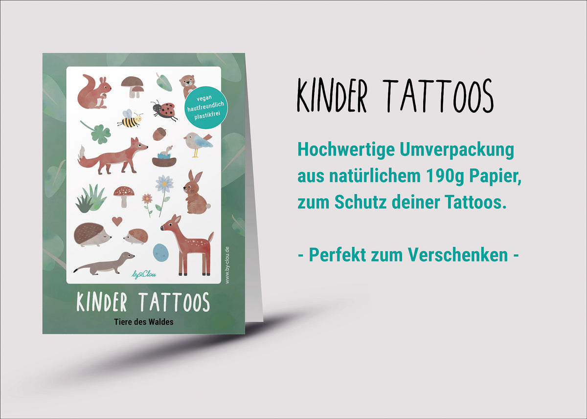 Bogen mit temporären Kindertattoos im Waldtiere-Design – mit liebevoll illustriertem Fuchs, Igel, Reh, Eichhörnchen und weiteren Waldbewohnern. Perfekt für Kindergeburtstage oder als kleines Mitbringsel.