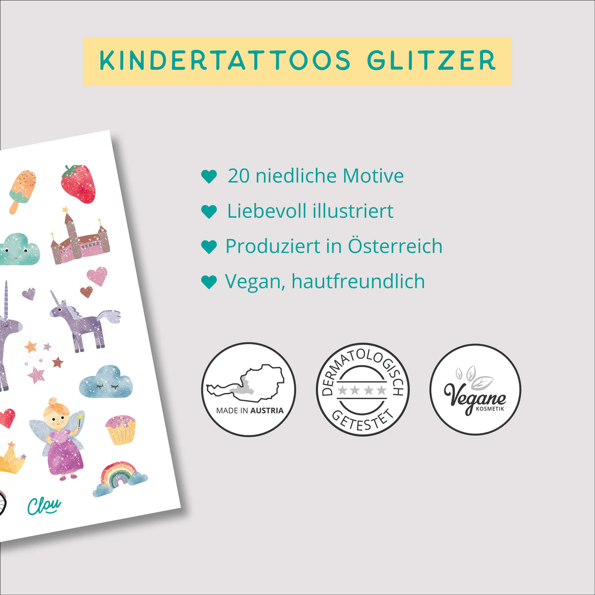 Bogen mit temporären Kindertattoos im Wunderland-Stil – mit zauberhaften Illustrationen von Einhorn, Regenbogen, Fee und weiteren fantasievollen Motiven. Perfekt für kleine Träumer:innen