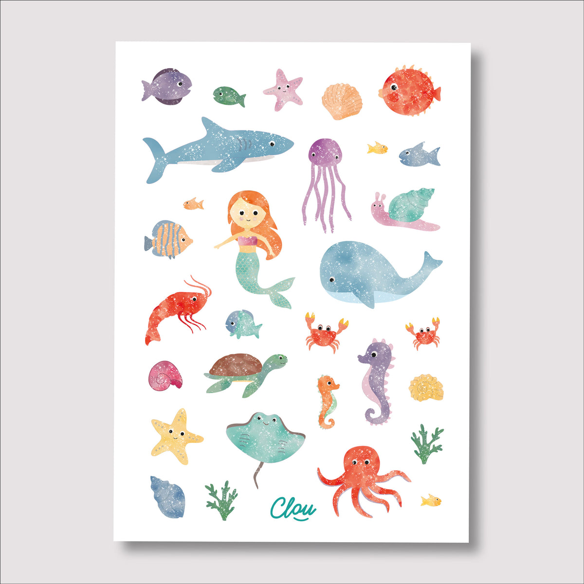 Kindertattoos mit Glitzer im Unterwasserwelt-Design – bunte Meerestiere wie Seepferdchen, Fische und Muscheln im liebevoll illustrierten Stil von by Clou